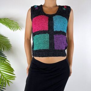 Vintage 80s 90s Black Retro Color Block Indie Knit Sleeveless Top / Size: S/M